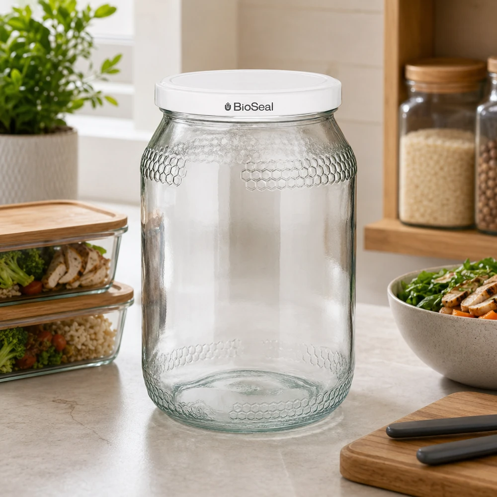 1260g Honigglas + BioSeal Deckel weiß UNiTWIST Leeres 900ml Honigglas mit weißem BioSeal Deckel in moderner Küche neben Vorratsgläsern und Salatschüssel