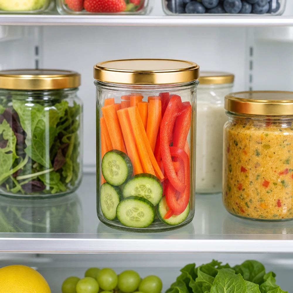 277ml Sturzglas mit goldenem UNiTWIST Deckel im Kühlschrank mit geschnittenem Gemüse Karotten Paprika Gurken