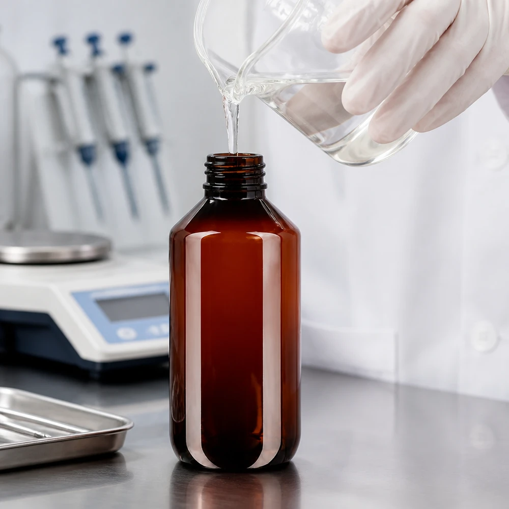 Plnění v laboratoři do hnědé PET láhve o objemu 100 ml s bílým bezpečnostním uzávěrem a rýhovaným víčkem