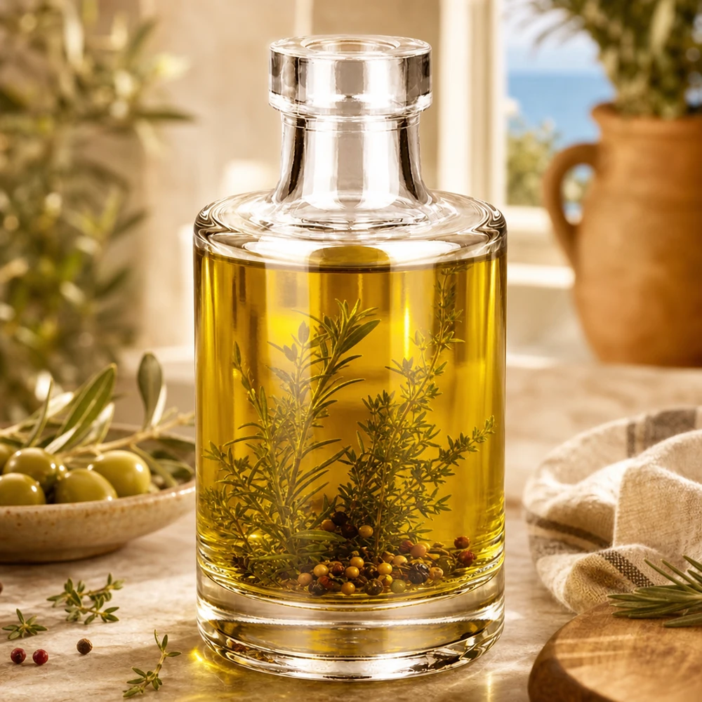 100ml Glasflasche Marie gefüllt mit Kräuteröl und Gewürzen als Verwendungsbeispiel für Küche und Dekoration