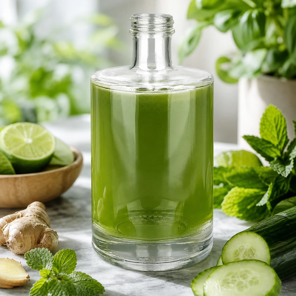 500ml Glasflasche Sam mit grünem Smoothie befüllt umgeben von frischen Zutaten Mint Gurke Ingwer Limette