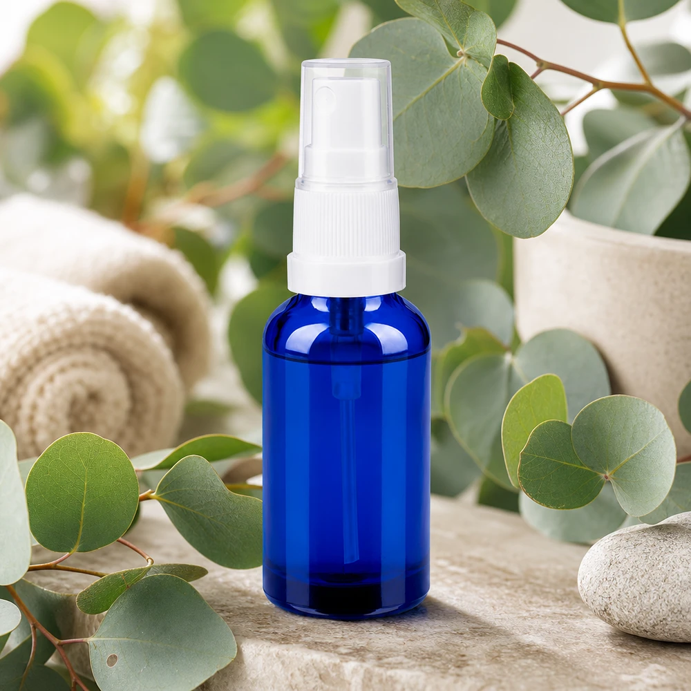 30ml lahvička s rozprašovačem bílá/transparentní standardní uzávěr BlueLine UT18/30 Vielseitige blaue 30ml Sprayflasche mit feinem Sprühnebel für Aromatherapie und Wellness