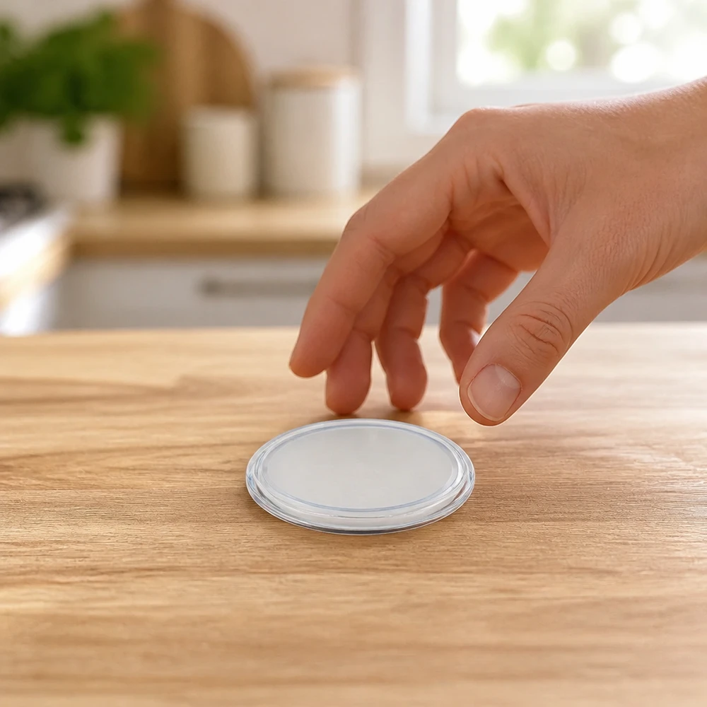 63mm víčko BasicSeal, bílé, TO63, leží naplocho na dřevěném povrchu; ruka po něm sáhne – UNiTWIST