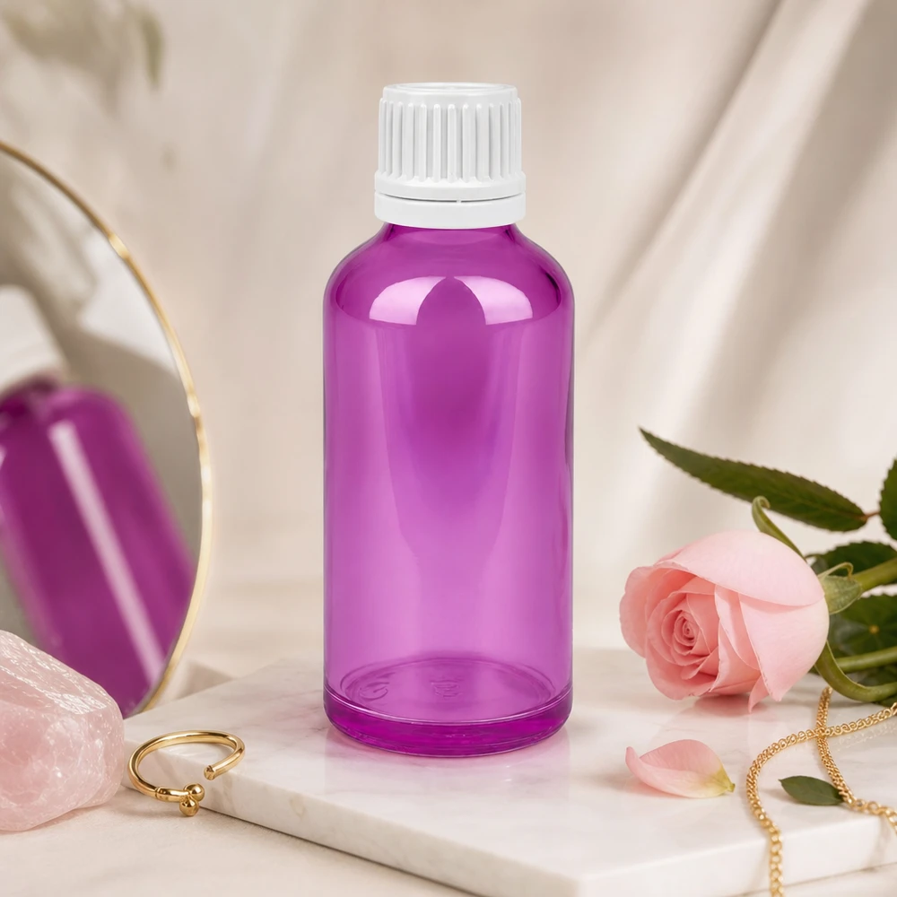 Robuste 50ml Glasflasche mit weißem Verschluss ideal für Aromatherapie und Wellness