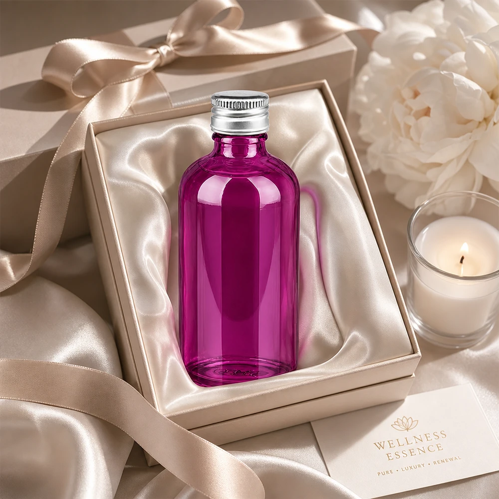 Lahvička o objemu 100 ml. Hliníkovo-stříbrný šroubovací uzávěr o průměru 11 mm standardní PurpleLine. UT18/100 Praktische 100ml Glasflasche in Purple mit fest verschließbarem Aluminiumdeckel für tägliche Pflege