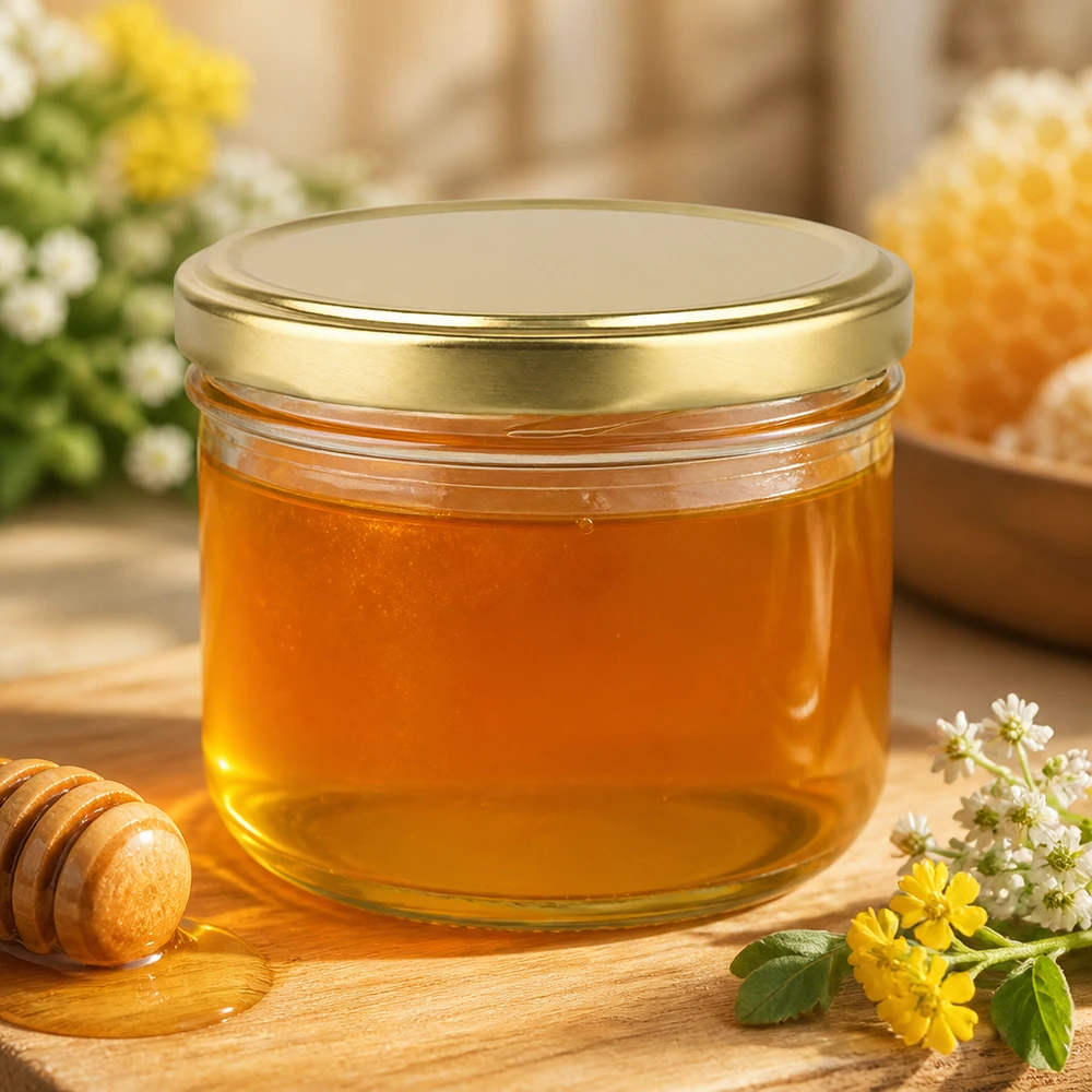 260ml Sturzglas befüllt mit Honig zeigt BasicSeal Deckel gold UNiTWIST in natürlicher Küchenumgebung