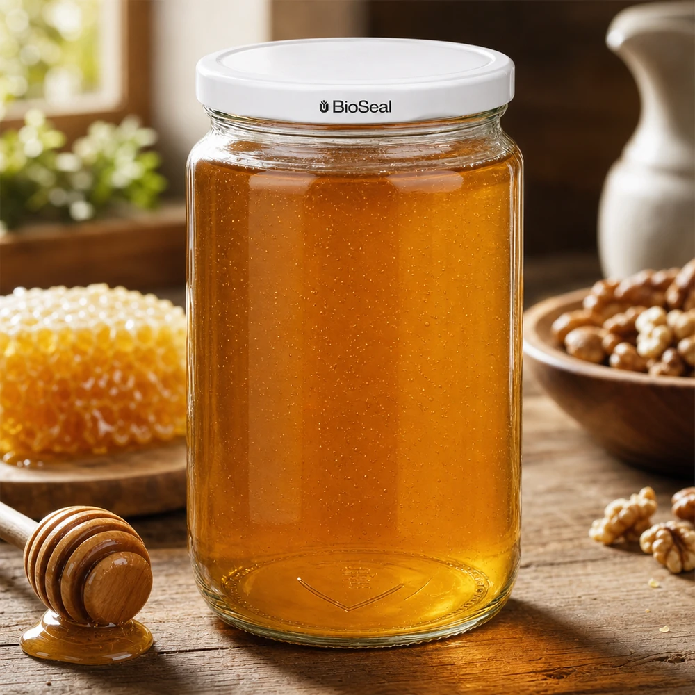 Kulatá sklenice o objemu 795 ml s bílým víčkem BioSeal UNiTWIST. UNiTWIST Runda795 Honigglas mit BioSeal Deckel gefüllt mit goldenem Honig neben Waben und Honiglöffel