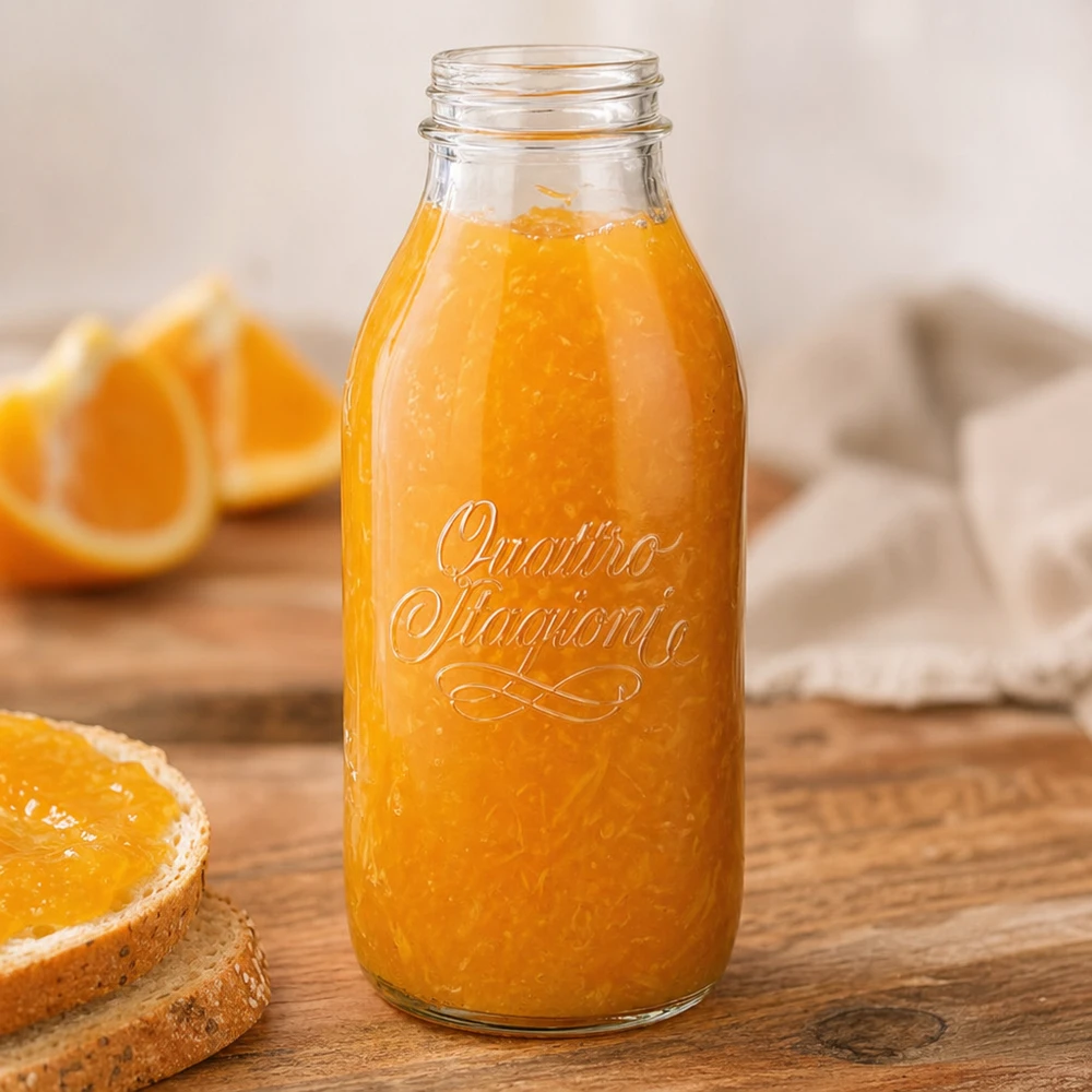 1000ml skleněná láhev "Quattro Stagioni" QS56mm 1000ml Weithalsflasche Quattro Stagioni mit frischem Orangensaft auf Holztisch mit Orangenscheiben