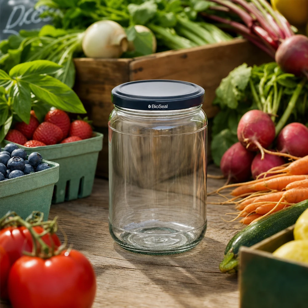 UNiTWIST Runda305 Vorratsglas mit schwarzem BioSeal Deckel inmitten frischem Marktgemüse und Obst auf Holztisch