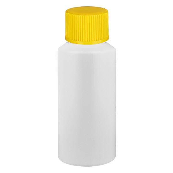 Lékárenská láhev HDPE 30ml bílá, se žlutým šroubovacím uzávěrem Lékárenská láhev HDPE 30ml bílá, se žlutým šroubovacím uzávěrem