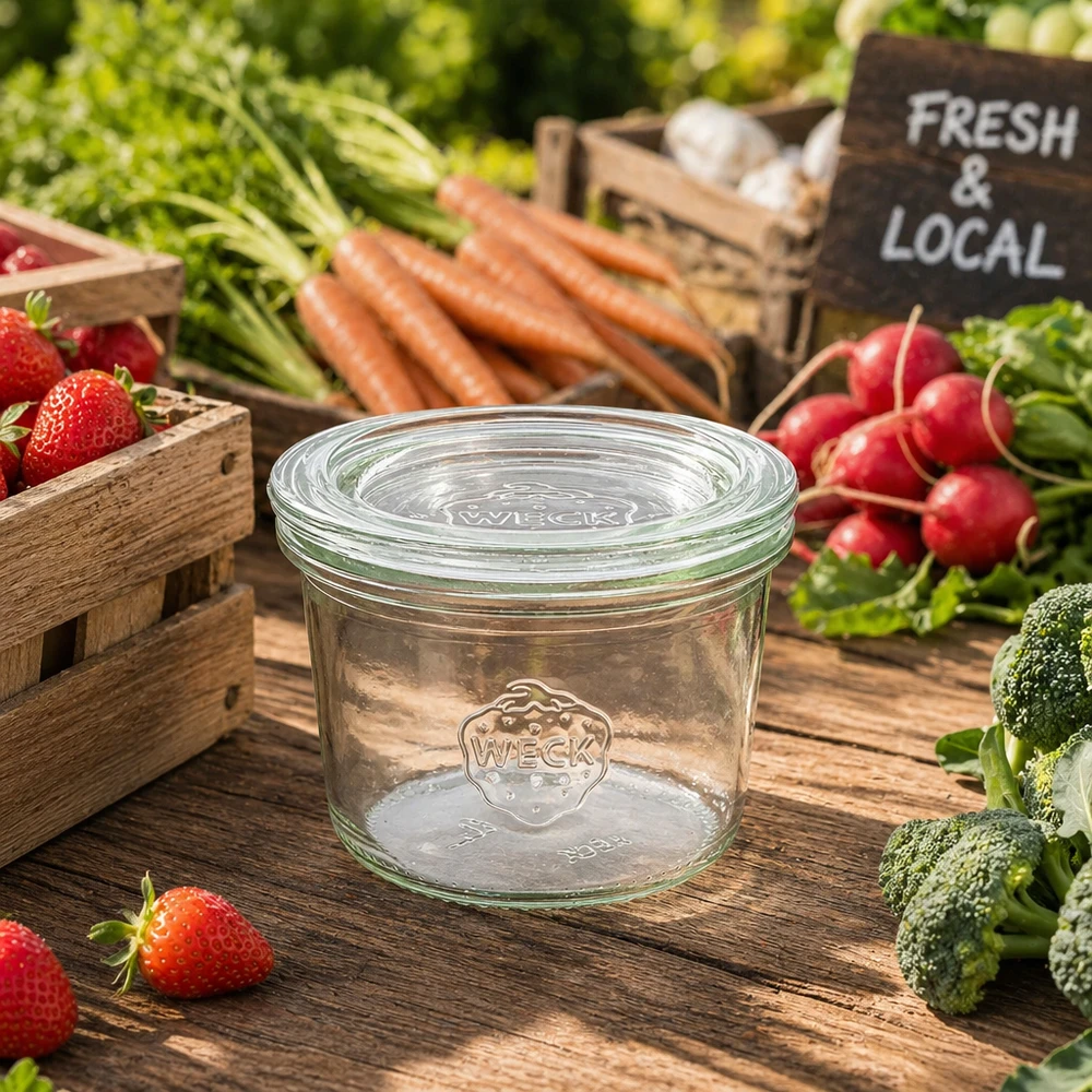 80ml zavařovací sklenice se skleněným víčkem WECK RR60 s dřevěným víčkem WECK Sturzglas 80ml RR60 umgeben von frischem Gemüse Obst auf Holztisch Farmers Market Fresh Local Schild