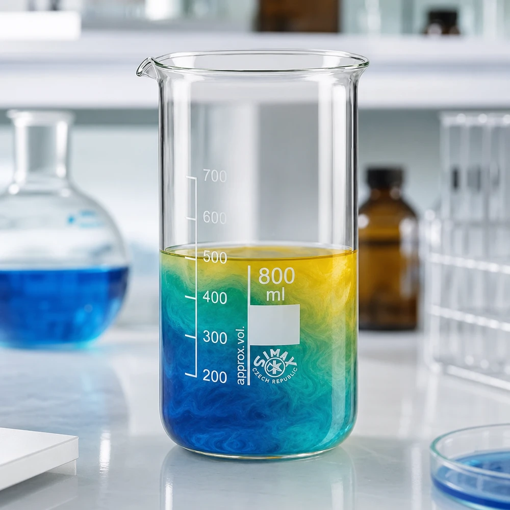 Kádinka 800ml z borosilikátového skla, vysoký tvar Transparentes Laborbecherglas 800ml hohe Form mit sichtbarer Farbreaktion blau grün gelb