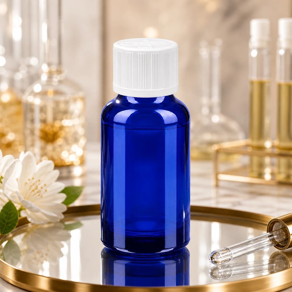 20ml lahvička 11mm šroubovací uzávěr bílý standardní odolný proti dětem BlueLine UT18/20 Robuste 20ml Kobaltblaue Glasflasche mit 18mm Hals für einfaches Befüllen medizinischer Produkte