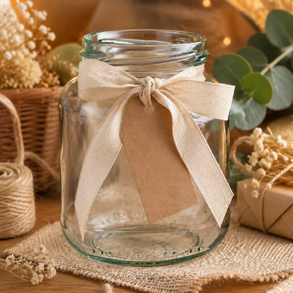 Oválná sklenice bez víčka o objemu 370 ml (TO66) UNiTWIST UNiTWIST Oval370 Einmachglas 370ml TO66 mit Schleifenband und Anhänger als Geschenkverpackung auf Jute