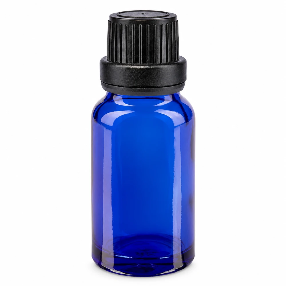Lékárenská lahvička modrá 10ml kapací uzávěr s nalévacím kroužkem 2mm černý uzávěr proti neoprávněné manipulaci. 10ml blaues ApoGlas UV-Schutz Flasche mit schwarzem Tropfverschluss 2mm für Pharmazie und Kosmetik