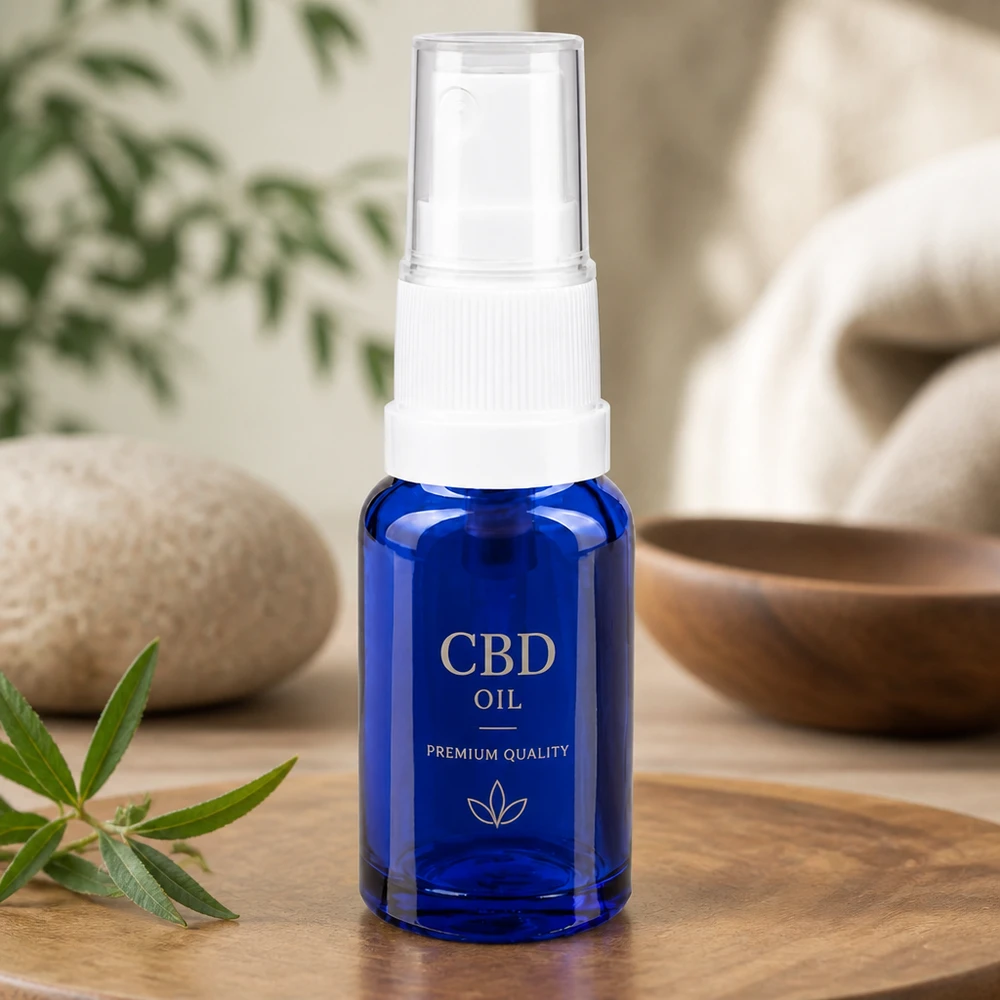 Hochwertige 10ml blaue Glasflasche mit weißem Zerstäuber für Premium Öle und Essenzen