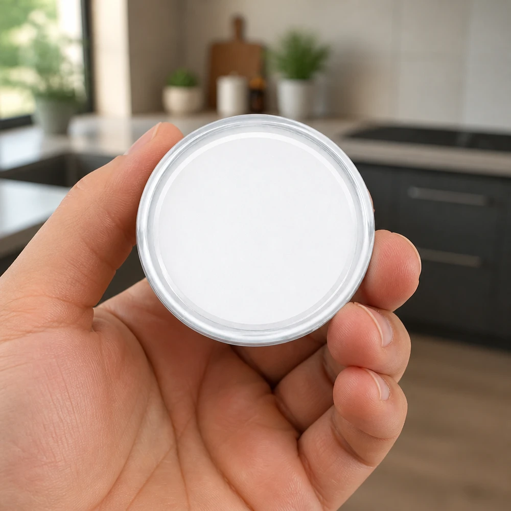 58mm víko BasicSeal bílé (TO58) UNiTWIST Ruka drží bílé 58mm víčko typu „twist-off“ BasicSeal TO58 UniTwist v moderní kuchyni