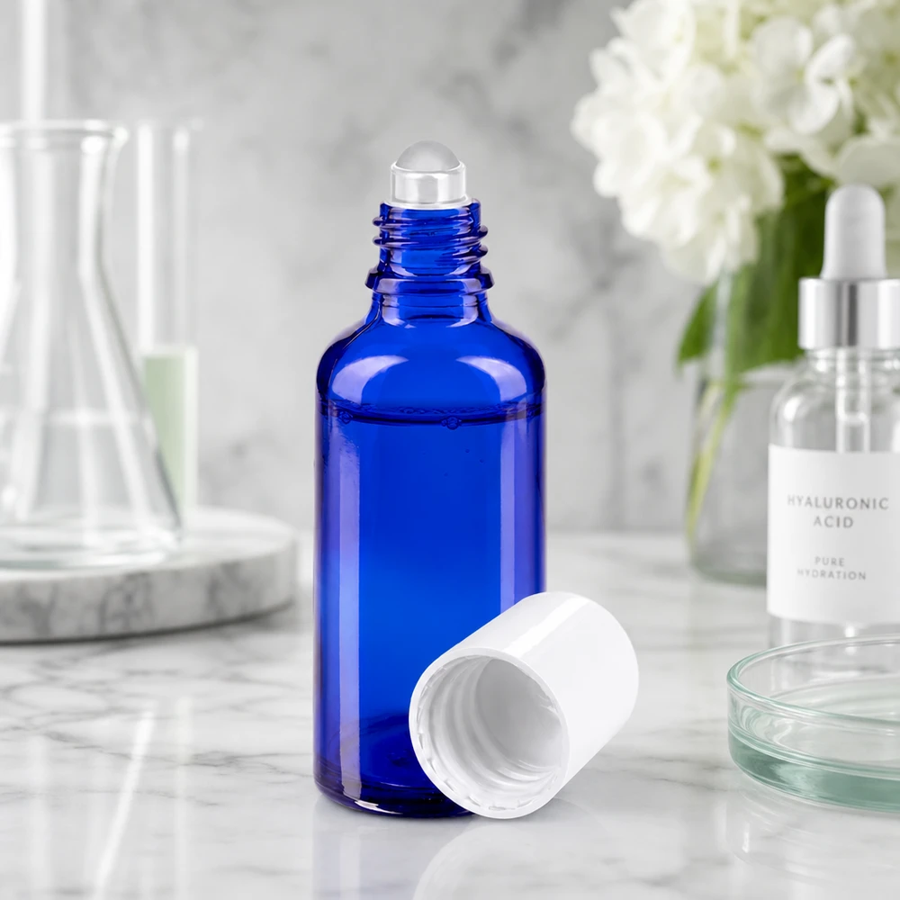 Lékárenská lahvička modrá 50ml roll-on uzávěr bílý Blickdichte 50ml Apothekerglas Roll-On Flasche zum Lichtschutz sensibler Wirkstoffe und Öle