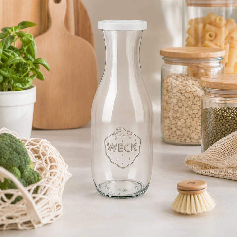1062ml láhev na šťávu s víčkem WECK RR60 pro zajištění čerstvosti. WECK Saftflasche 1062ml in nachhaltiger Zero-Waste Küche mit Vorratsgläsern und umweltfreundlichen Utensilien