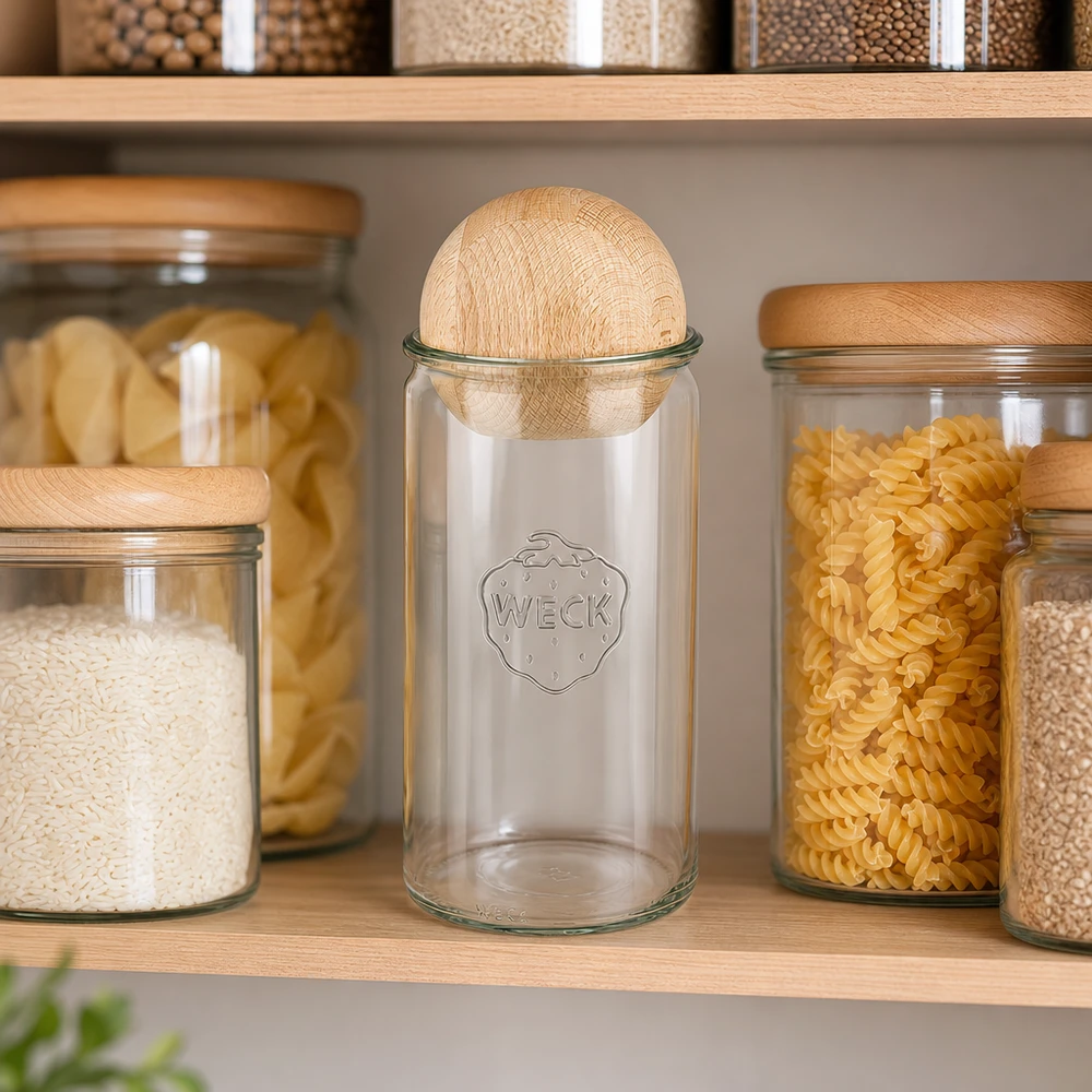 1590ml cylindrická sklenice WECK RR100 s dřevěnou kuličkou buk. WECK Zylinderglas 1590ml RR100 mit Holzkugel in organisierter Vorratsküche neben Reis, Nudeln und anderen Lebensmitteln