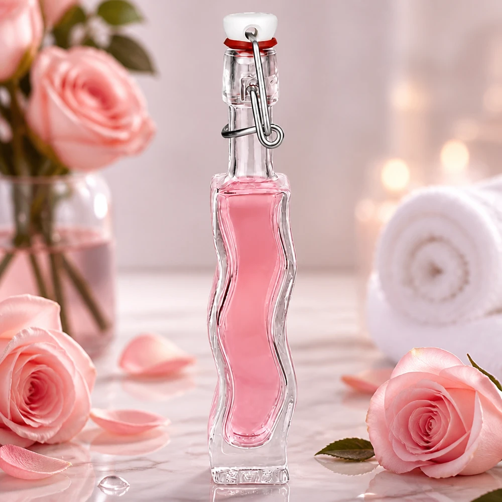 40ml Glasflasche Anna mit rosa Flüssigkeit in romantischem Ambiente mit Rosen und weichen Pastelltönen
