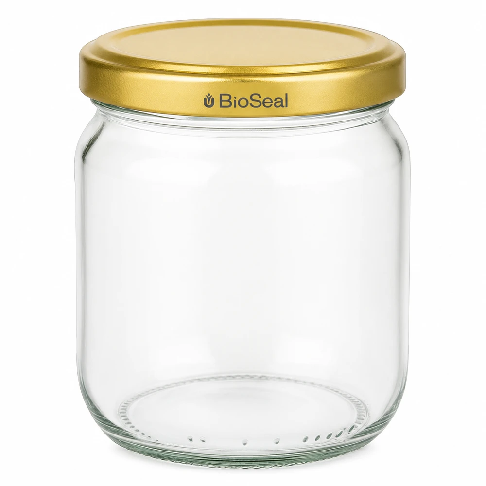 500g Honigglas leer mit goldenem BioSeal Schraubdeckel für Honig und Marmelade
