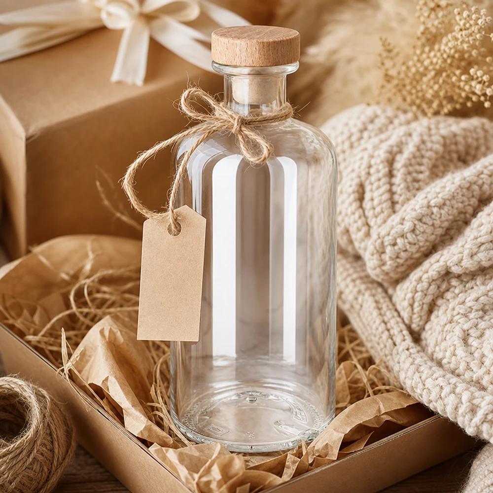 500ml Glasflasche Flora mit Holzkorken und Geschenkanhänger in rustikaler Geschenkverpackung mit Juteschnur
