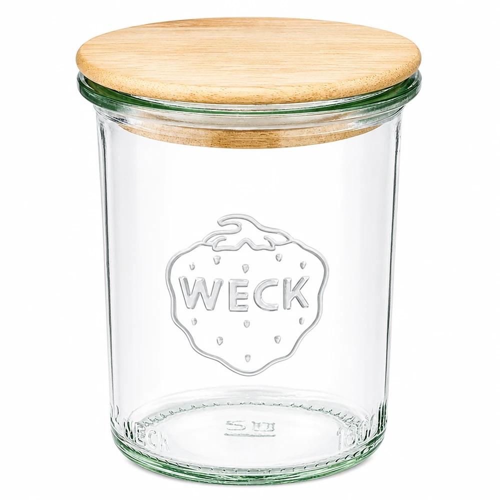 160ml kelímky WECK RR60 s dřevěným víčkem bukové barvy WECK Sturzglas 160ml RR60 mit Bambusdeckel Einmachglas mit Holzdeckel für Küche und Vorratshaltung