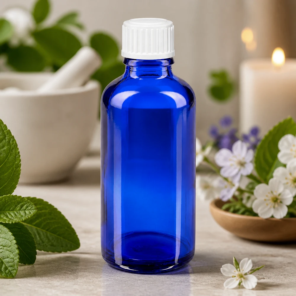Dunkelblaue Medizinflasche aus Glas 50ml mit auslaufsicherem weißem Schraubverschluss 11mm