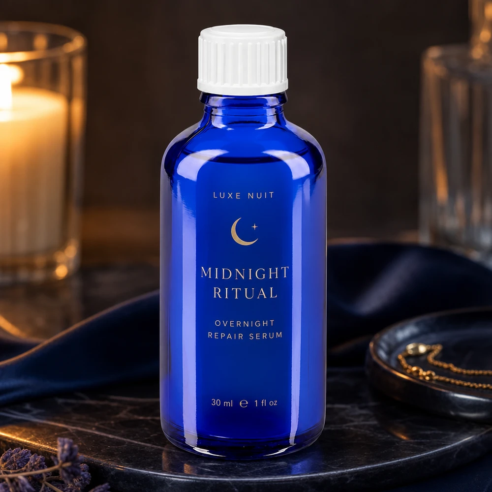 Lékárenská láhev modrá 50ml šroubovací uzávěr bílá standardní Royalblaue Apothekerflasche aus Glas mit mattem Etikett perfekt für Premium Kosmetikprodukte