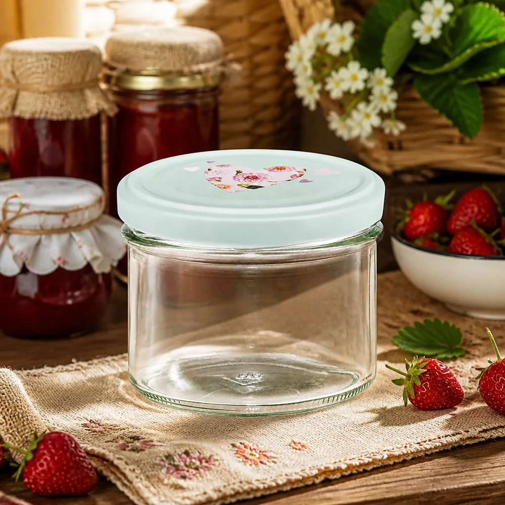 Leeres 225ml Sturzglas mit mint BasicSeal Herz-Deckel vor rustikaler Marmeladengläser-Szenerie mit Erdbeeren