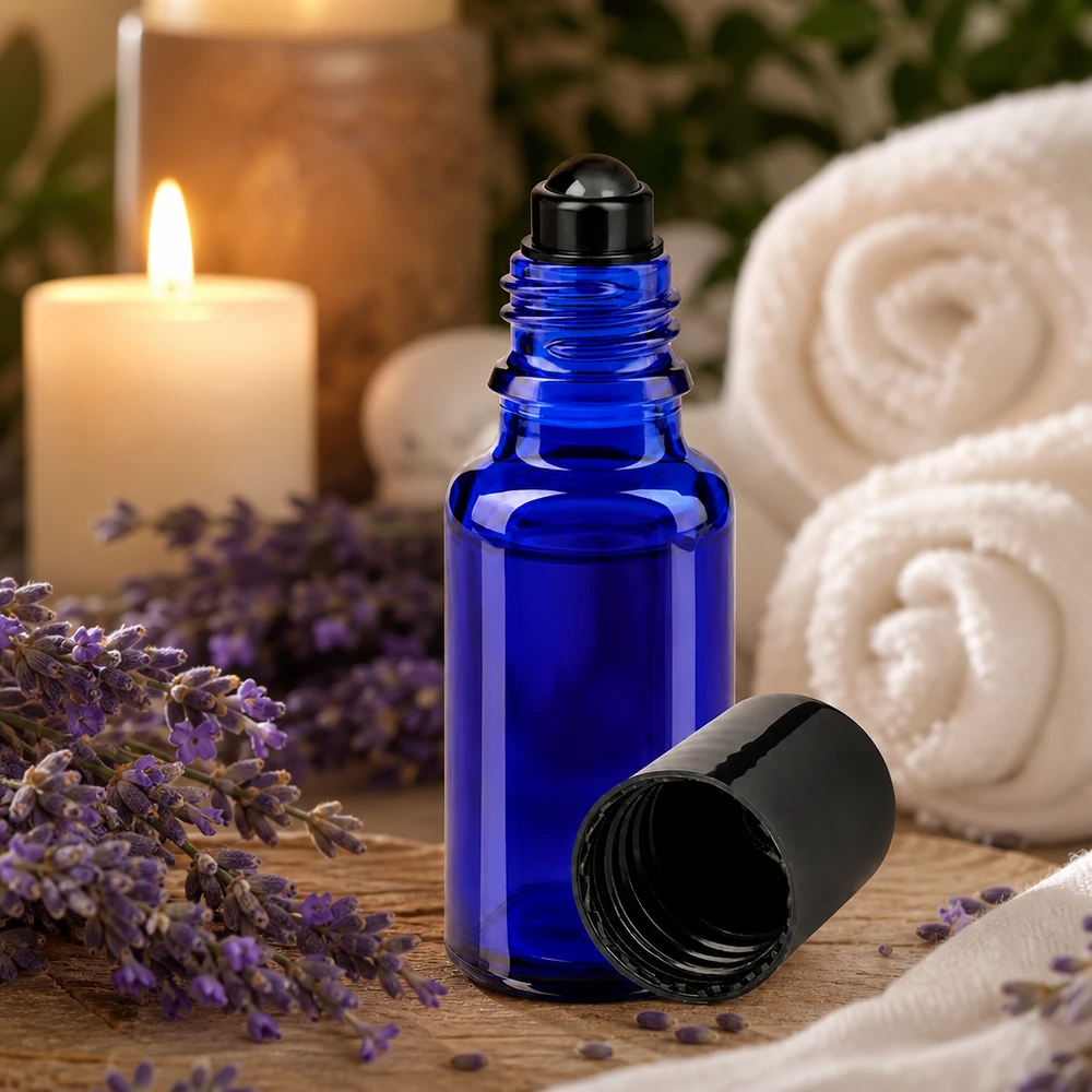 Lékárenská lahvička modrá 20ml roll-on uzávěr černý Kompakte 20ml Roll-On Applikatorflasche in Blau mit schwarzem Schraubdeckel geöffnet