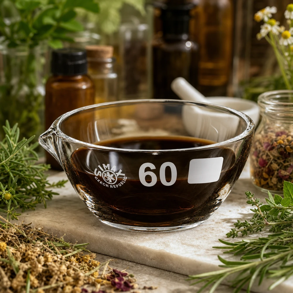 Zásobník na páry o objemu 45 ml s borosilikátovou výlevkou ø60 mm Robuste Borosilikat Abdampfschale 45ml mit Ausguss für den täglichen Laborgebrauch