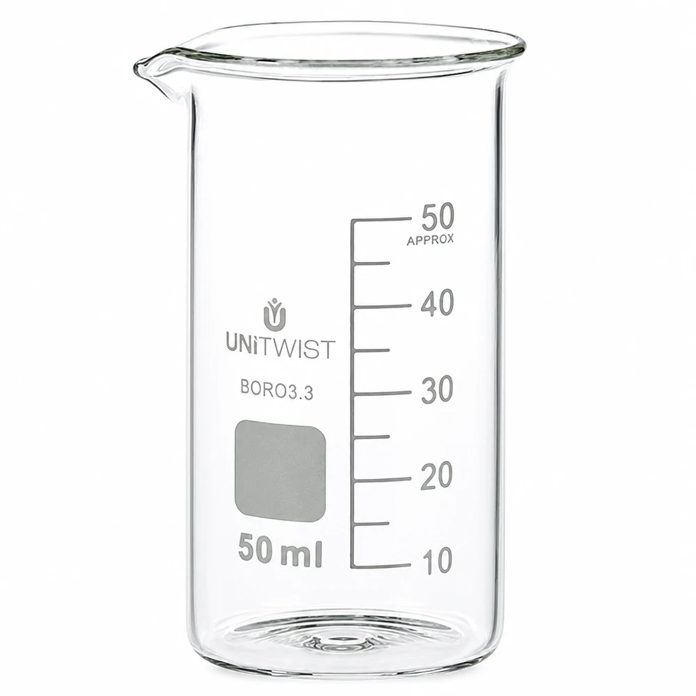 Hohes Becherglas aus Borosilikatglas 50ml mit Ausgießer und Skala für Labor und Küche