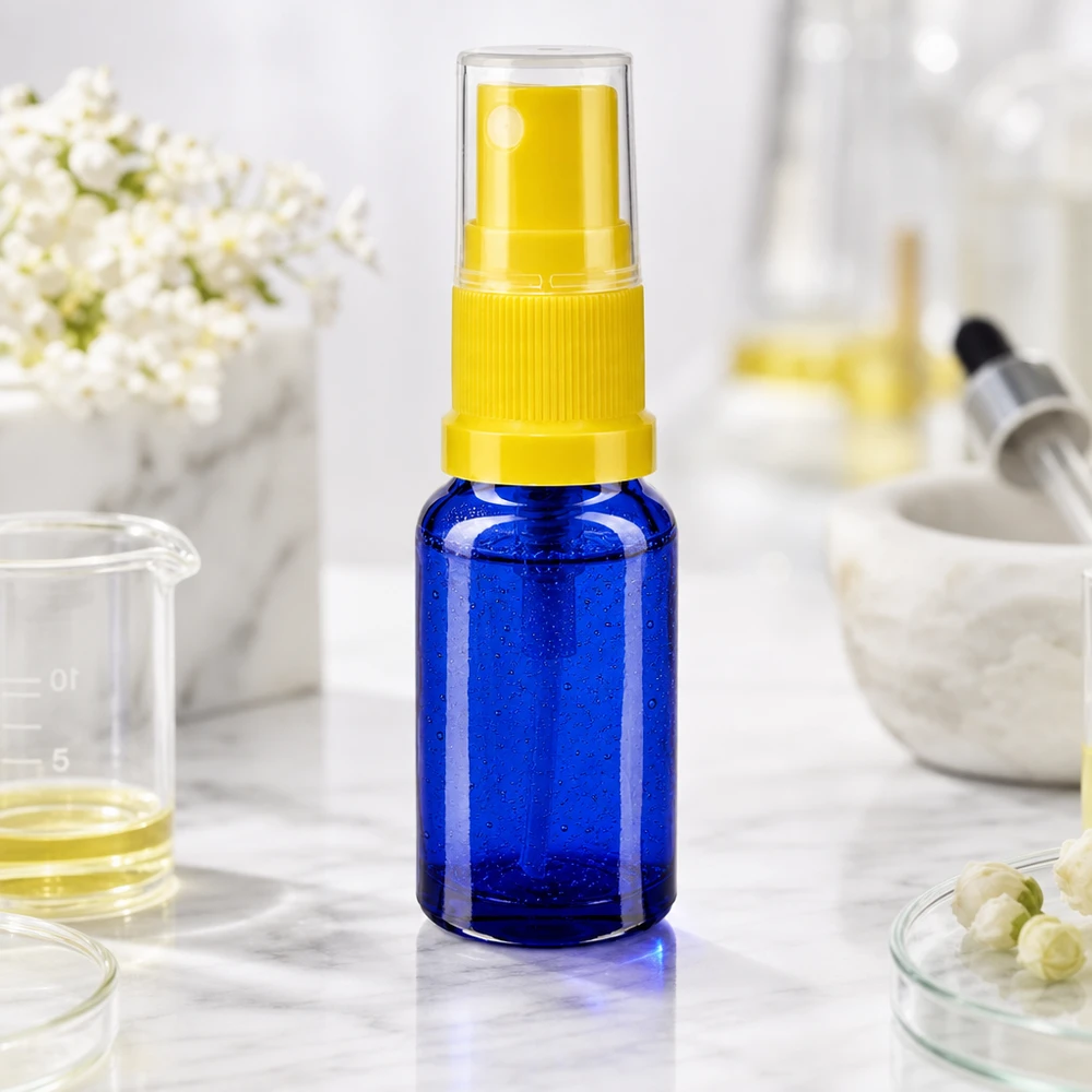 30ml Blauglas-Flakon mit Feinstsprüher gelb für Seren Tinkturen und Aromatherapie