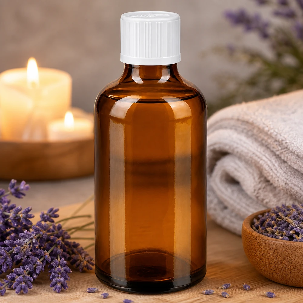 Lékárenská láhev hnědá 50ml šroubovací uzávěr bílý standardní odolný proti otevření dětmi. Apothekerflasche 50ml Braunglas schlanke Zylinderform weißer Kindersicherheitsverschluss Standard