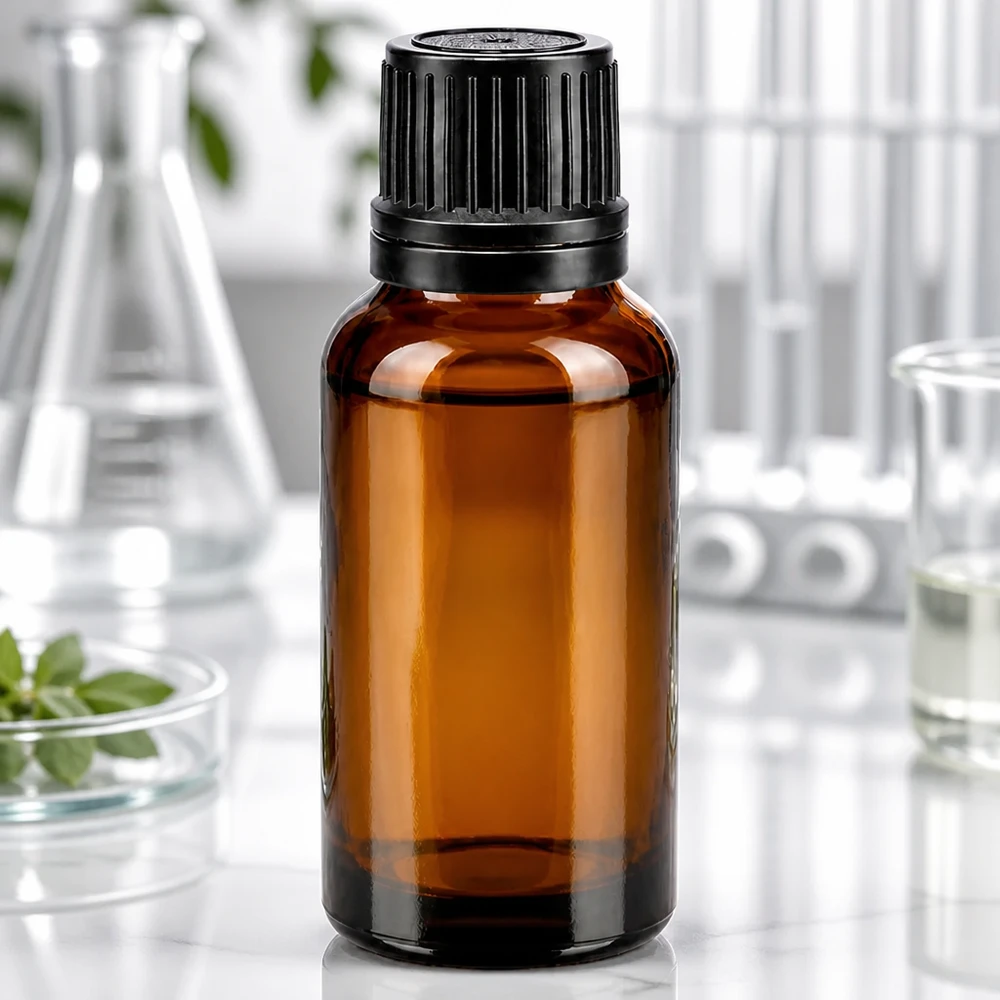 Kompakte 20ml Apothekerflasche aus braunem Schutzglas mit schwarzem Sicherheitsverschluss