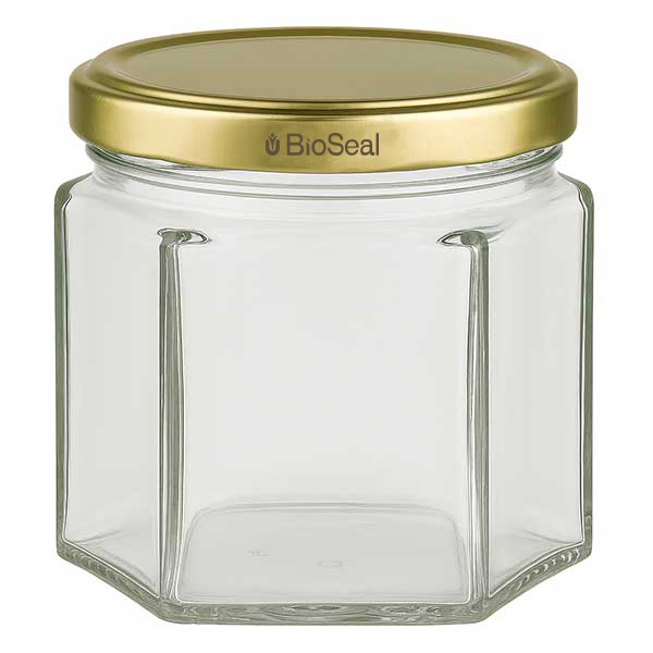 Šestihranná sklenice o objemu 47 ml se zlatým víčkem UNiTWIST BioSeal.