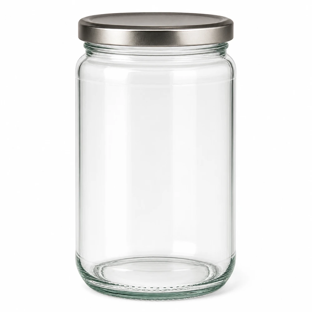 305ml kulatá skleněná nádoba s víčkem BasicSeal stříbrná UNiTWIST. 305ml Rundglas mit silbernem BasicSeal Deckel - elegantes Einmachglas für Küche und Vorratshaltung von Glas-Fabrik