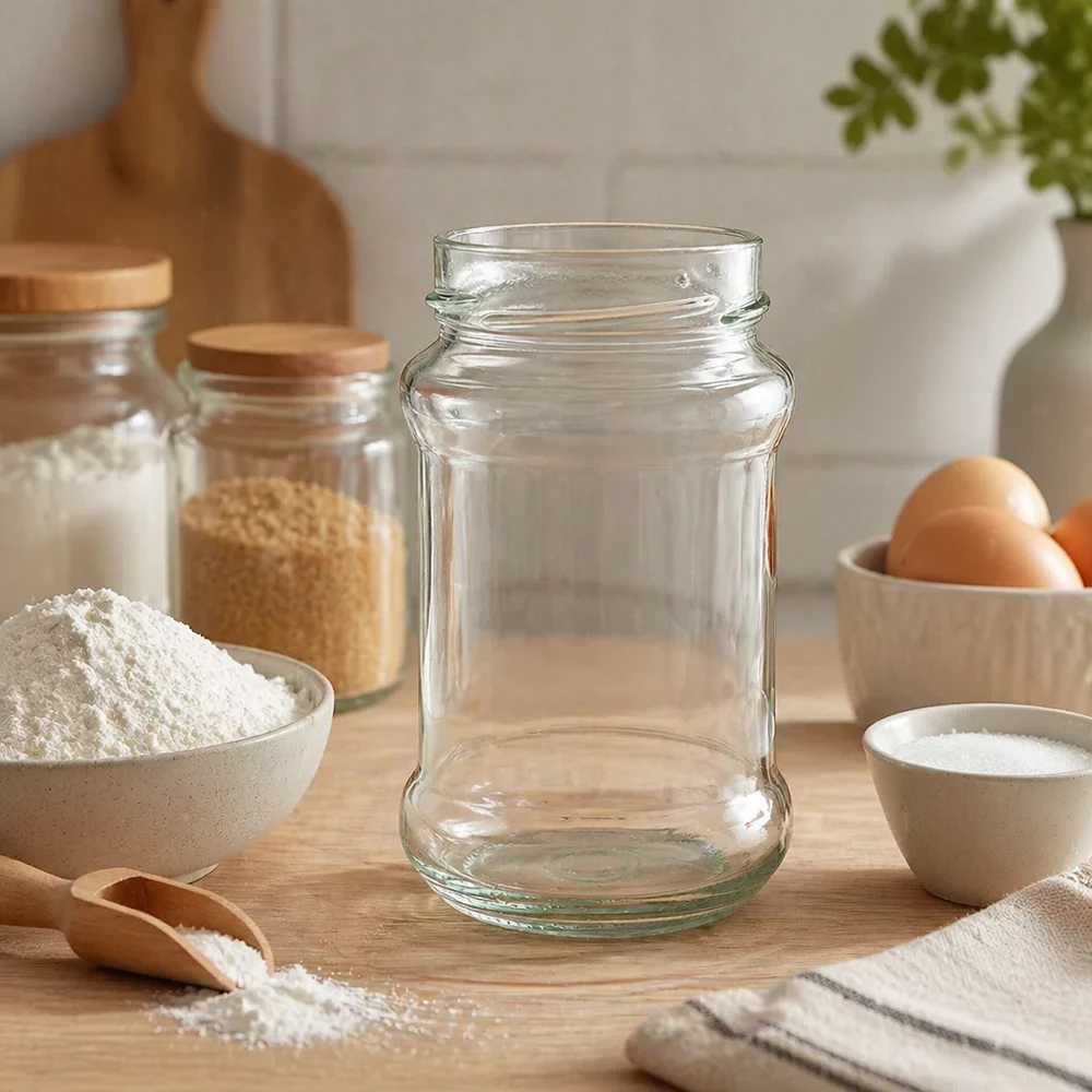 Kulatá sklenice bez víčka o objemu 390 ml (TO66deep) UNiTWIST UNiTWIST Runda390 Rundglas 390ml TO66deep leeres Einmachglas auf Holzbrett in Küche mit Backzutaten und Eiern