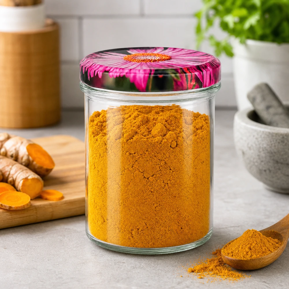 350ml kelímky + víčko BasicSeal s květinovým dekorem UNiTwist Vorratsglas 350ml mit Gerbera-Deckel gefüllt mit Kurkuma-Pulver neben frischen Kurkuma-Wurzeln in Küchenambiente