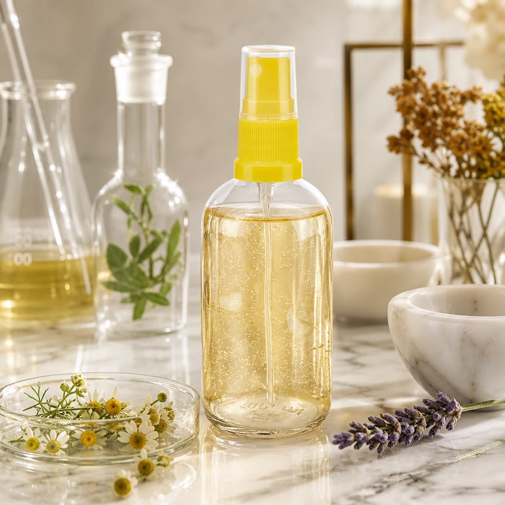 100ml láhev s rozprašovačem žlutá/průhledná standardní uzávěr ClearLine UT18/100 100ml Rundflasche transparenter Behälter gelber Sprühkopf Naturkosmetik Kräuteranwendung