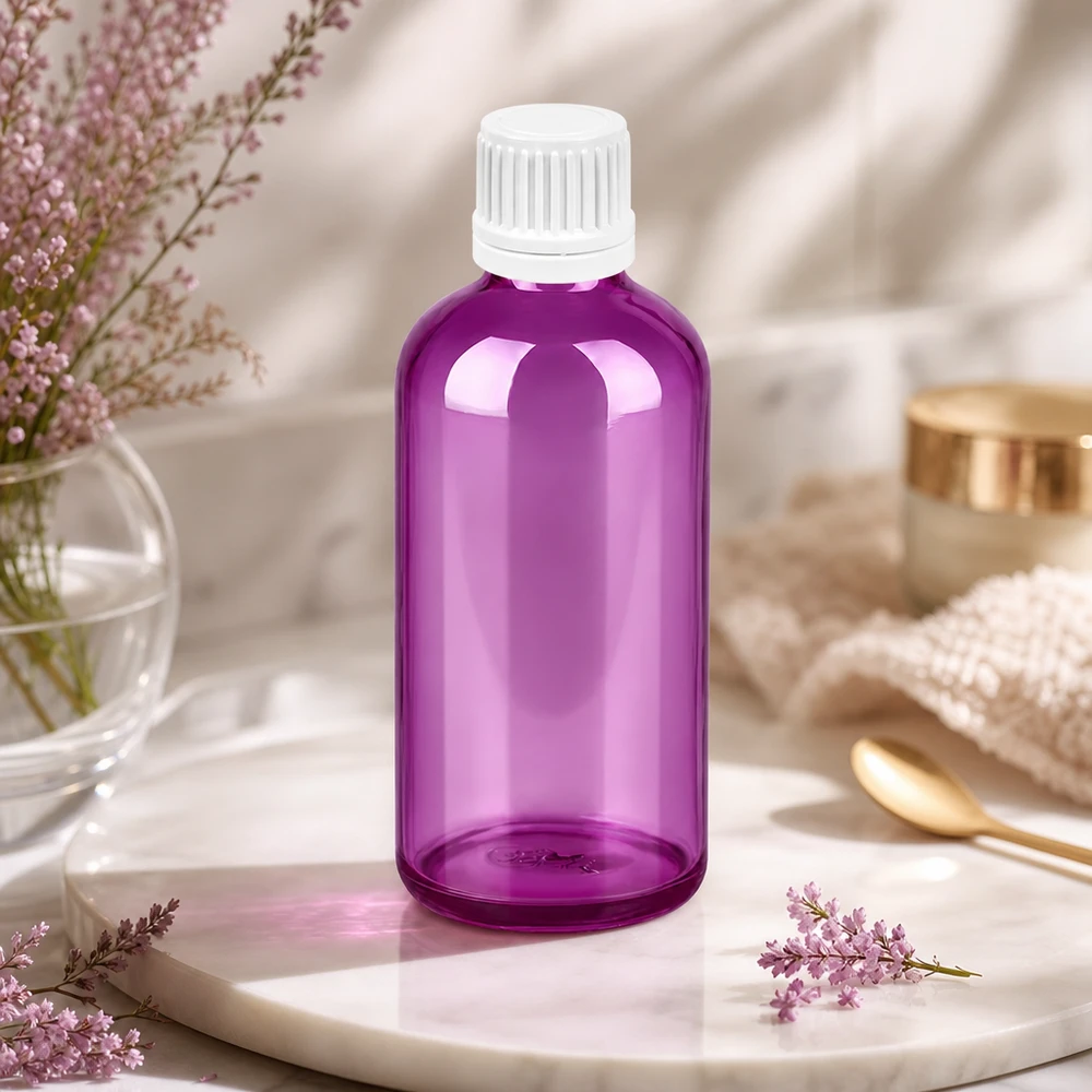 100ml láhev se šroubovacím uzávěrem 11 mm bílá Originální šroubovací uzávěr PurpleLine UT18/100 100ml Glasflasche lila transparent ideal für Heilpraktiker und alternative Medizin Anwendungen