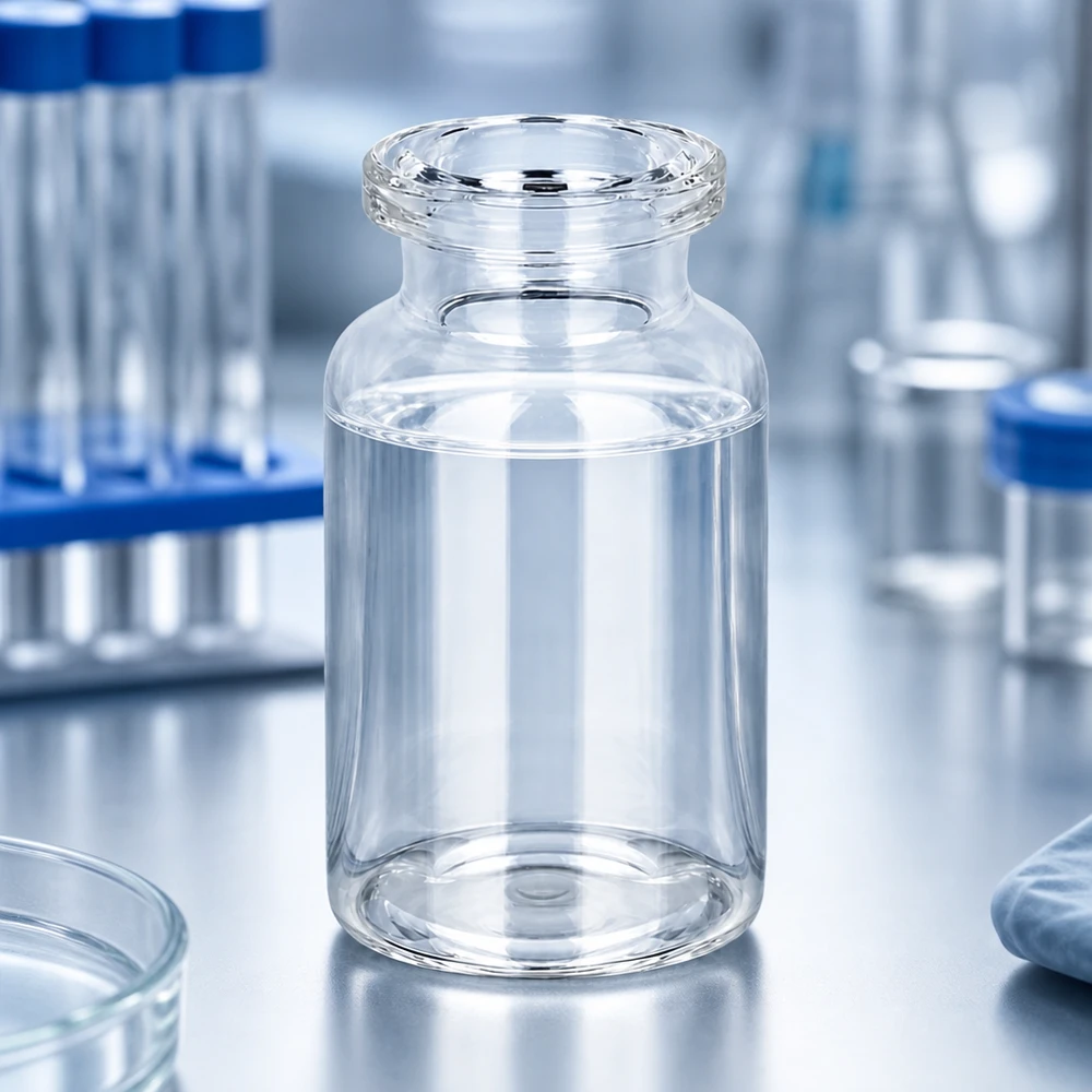 Injekční láhev z čirého skla 10ml Injektionsflasche Klarglas 10ml im GMP-Labor neben Zentrifugenröhrchen und Petrischalen
