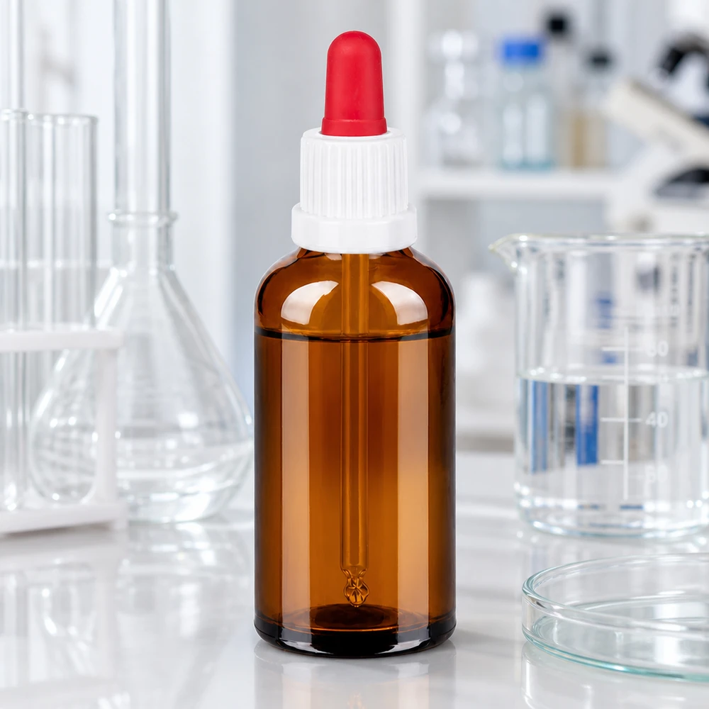 50ml pipetovací láhev bílá/červený uzávěr s ochranou proti manipulaci BrownLine UT18/50 Sterilisierbare 50ml Glasflasche mit hochwertiger Pipettenkappe für medizinische Zwecke