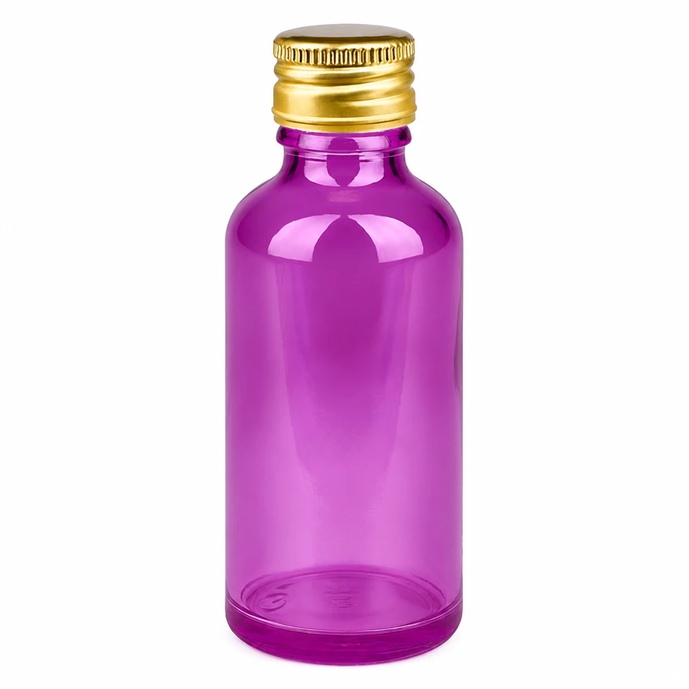Premium 50ml Flasche mit UV Schutz in Purple und luxuriöser Alu Gold Kappe