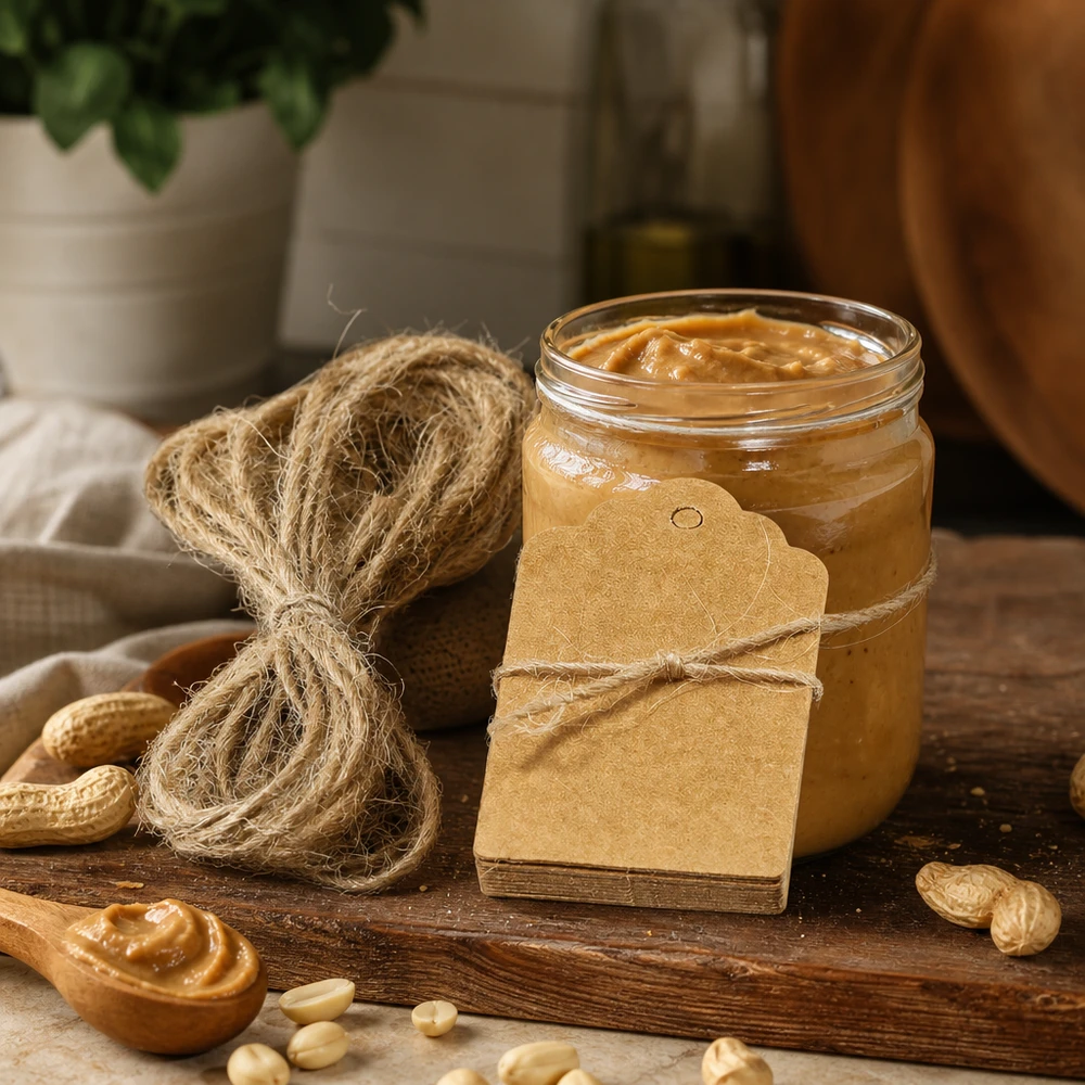 Kraftpapier Anhänger mit Hanfkordel dekorativ arrangiert neben Erdnussbutter und Nüssen auf Holztisch