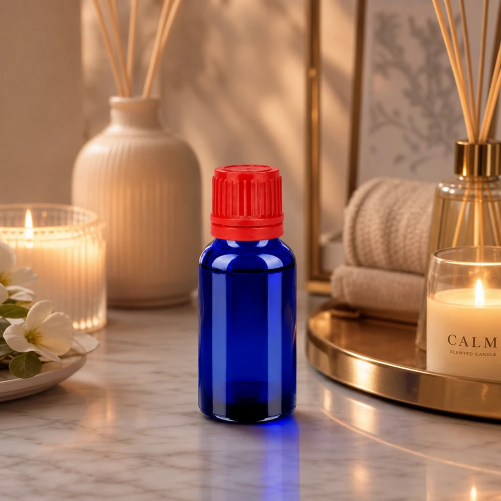 20ml Glasflasche BlueLine Design mit ergonomischem roten Drehverschluss