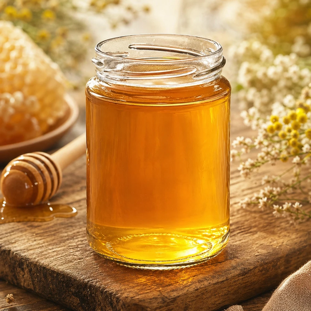 Kulatá sklenice o objemu 390 ml bez víčka (TO70) UNiTWIST UNiTWIST Runda390 Rundglas 390ml TO70 mit goldgelbem Honig gefüllt auf Holzbrett neben Bienenwaben und Honiglöffel