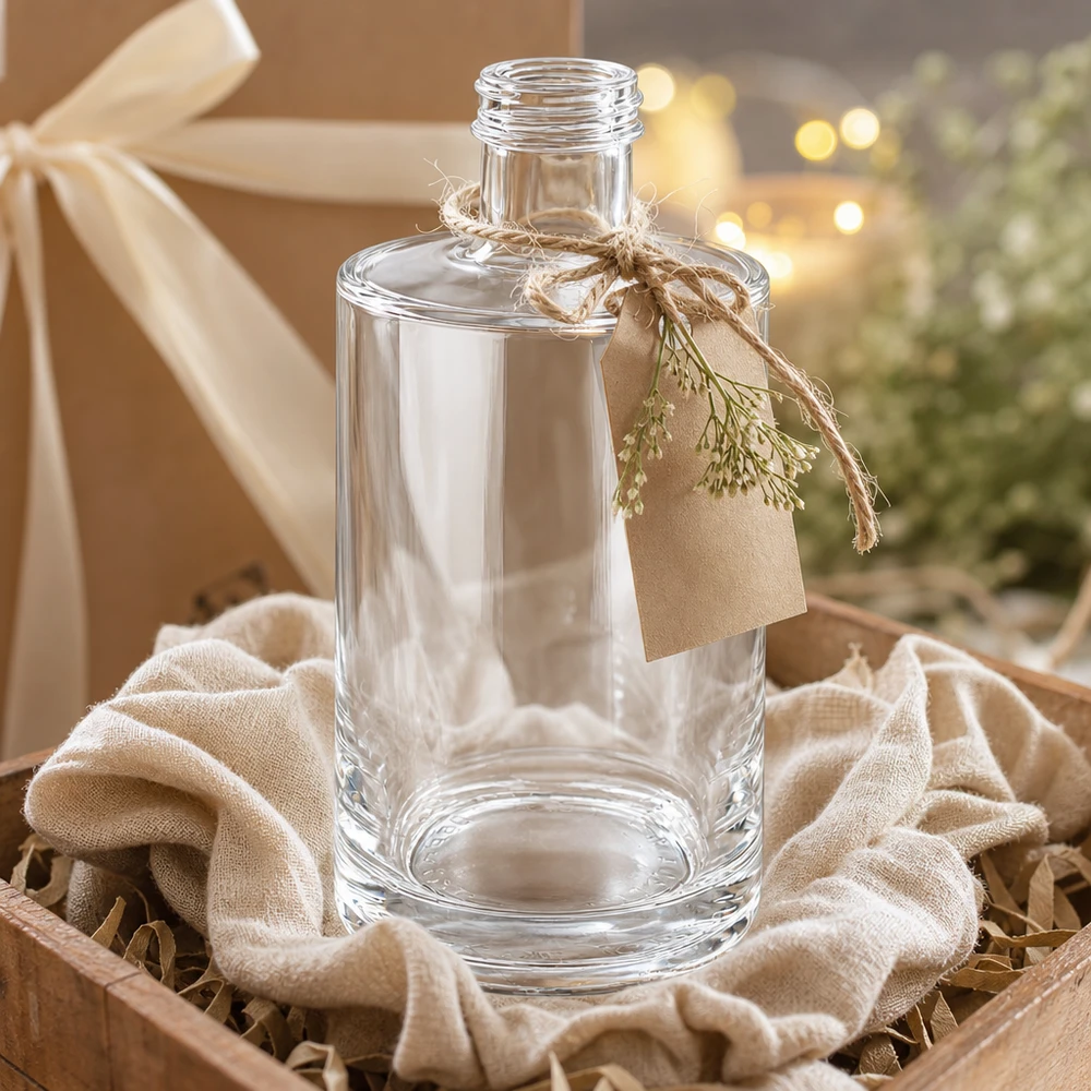 375ml Glasflasche Sam leer in Geschenkbox mit Schleife und Anhänger als Geschenkset dekorativ präsentiert